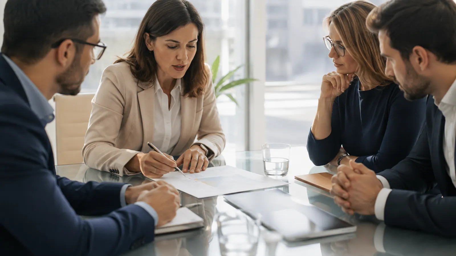 Profissionais reunidos para analisar uma decisão empresarial
