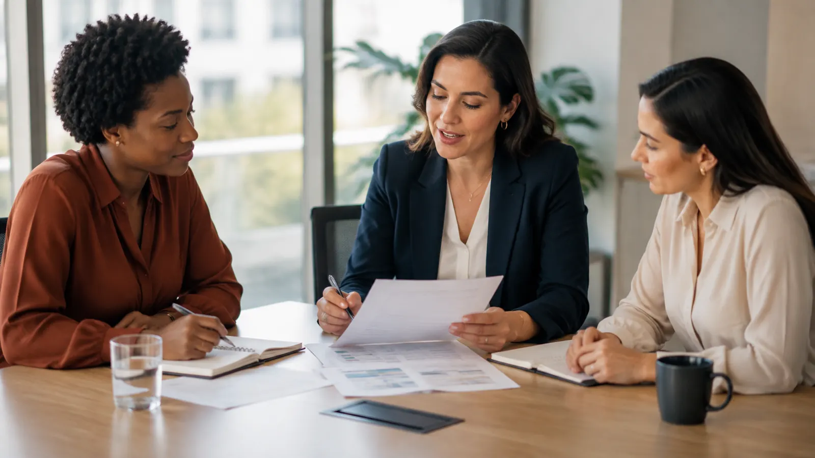 Profissionais analisando rotinas de trabalho em uma reunião